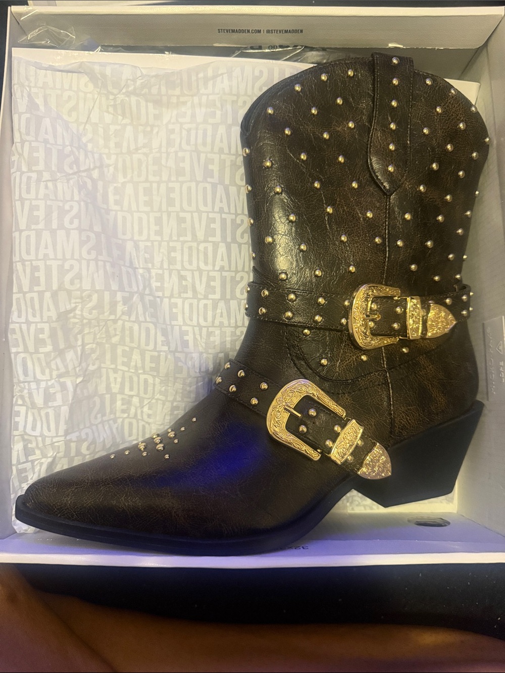 Steve Madden Black Studded Western Boot with Gold Buckles and Pointed Toe